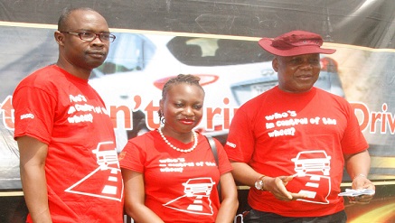 *L-R:* Plant Manager, Benin Brewery, Guinness Nigeria, Mr Kingsley Imade; Responsible Drinking Manager, Guinness Nigeria; Mrs Chukwunonso Ndukwe and Zonal Commanding Officer, Federal Road Safety Corps (FRSC) Zone 5, Benin City; Assistant Corps Marshal Nseobong Akpabio, during the Road Safety and Responsible Drinking Easter Awareness Campaign organized by Guinness in partnership with FRSC, Edo state in Benin.